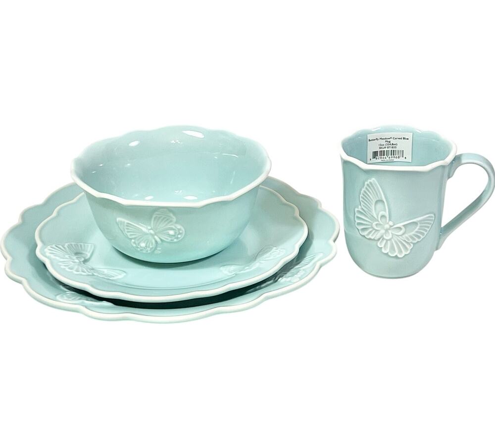 Lenox Butterfly Meadow Carved Blue 4-Piece Set Dinner Accent Plate Bowl & Mug